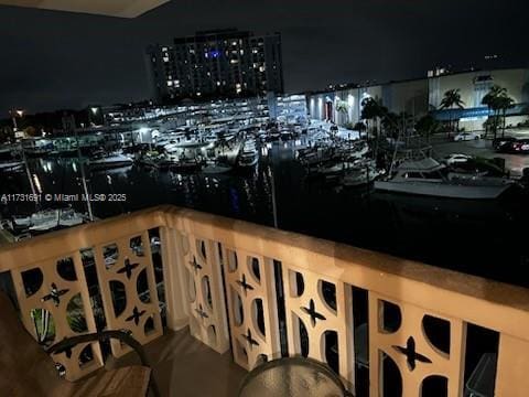 view of balcony at twilight