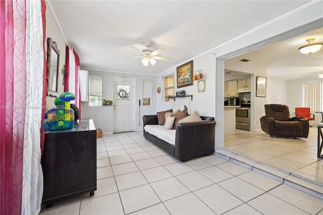 tiled living room featuring crown molding and ceiling fan