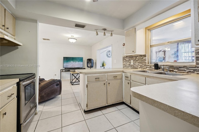 kitchen with sink, kitchen peninsula, cream cabinets, and stainless steel electric range