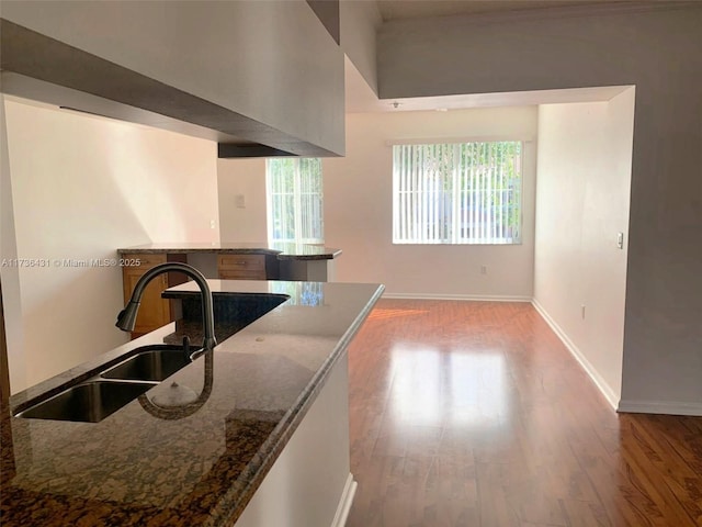 kitchen with sink, light hardwood / wood-style floors, and stone counters