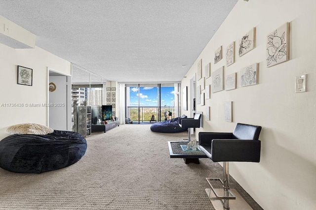 living room with a wall of windows, carpet floors, and a textured ceiling