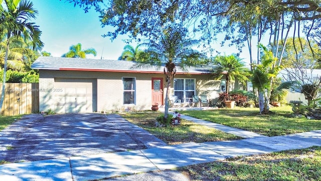 ranch-style house featuring a garage and a front yard