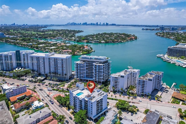 drone / aerial view with a water view