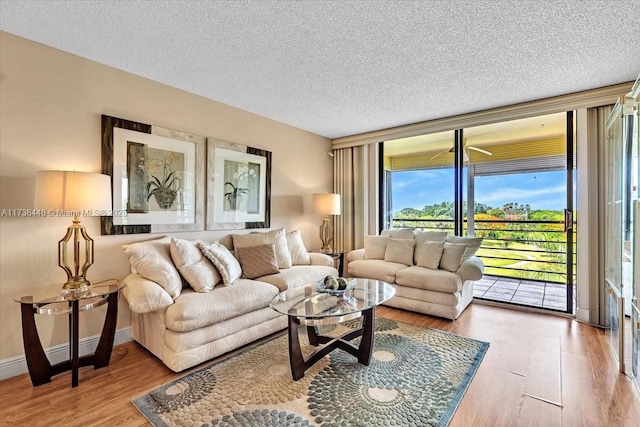 living room featuring expansive windows, a textured ceiling, and light wood-type flooring