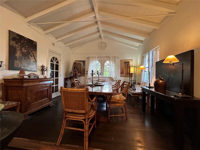 dining space featuring dark wood-type flooring and lofted ceiling with beams