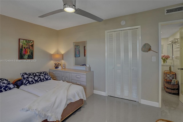 bedroom featuring ceiling fan and a closet