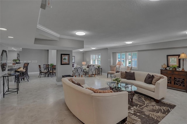 living room with ornamental molding