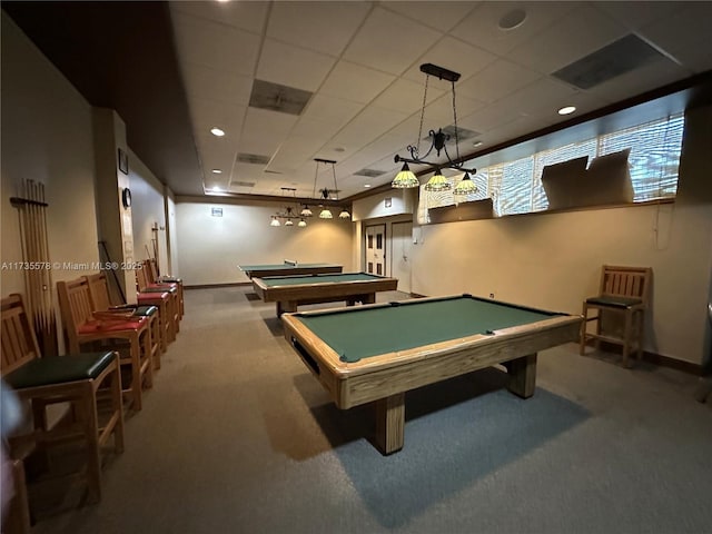 recreation room with pool table, carpet floors, and a drop ceiling