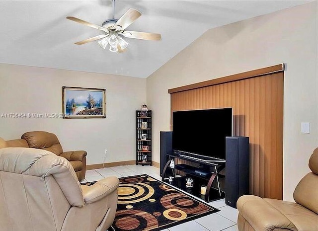 tiled living room featuring lofted ceiling and ceiling fan