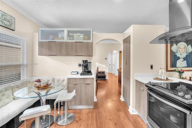 kitchen with light hardwood / wood-style flooring, stainless steel range with electric stovetop, ventilation hood, a textured ceiling, and breakfast area