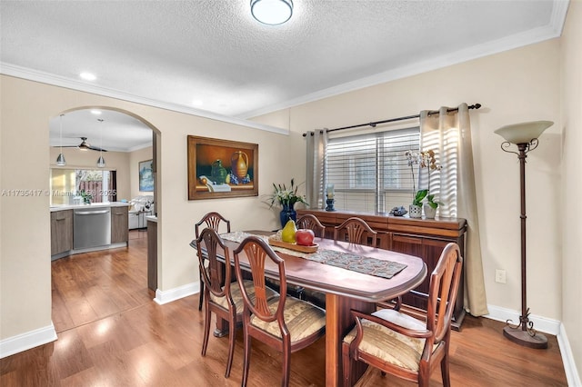 dining space featuring ceiling fan, ornamental molding, light hardwood / wood-style floors, and a textured ceiling