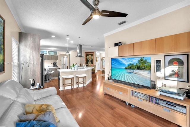 living room with sink, ceiling fan, ornamental molding, a textured ceiling, and dark hardwood / wood-style flooring