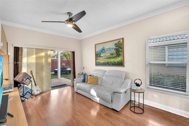 living room with crown molding, hardwood / wood-style floors, ceiling fan, and a textured ceiling