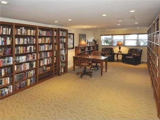 home office with light colored carpet