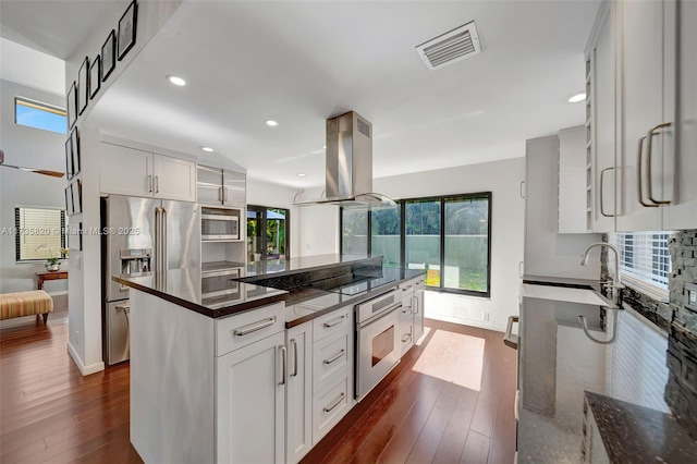 kitchen with white cabinetry, island range hood, dark wood-type flooring, and stainless steel appliances