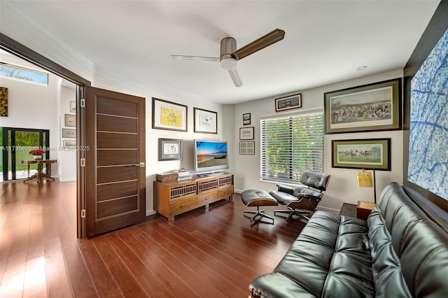 living room featuring dark hardwood / wood-style floors and ceiling fan