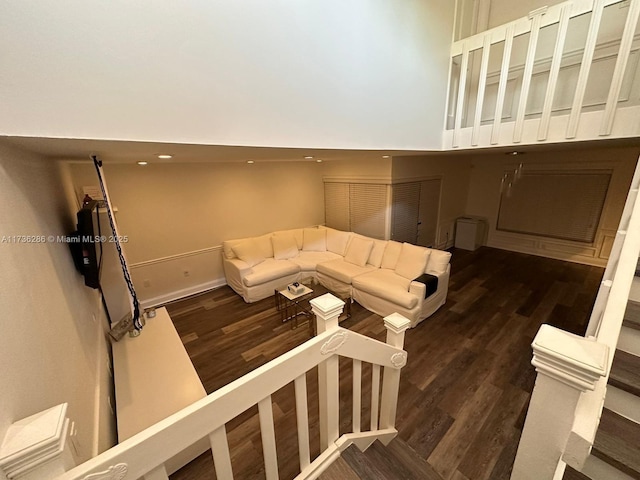 living room with a high ceiling and dark hardwood / wood-style flooring