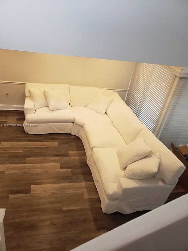 living room with dark hardwood / wood-style flooring