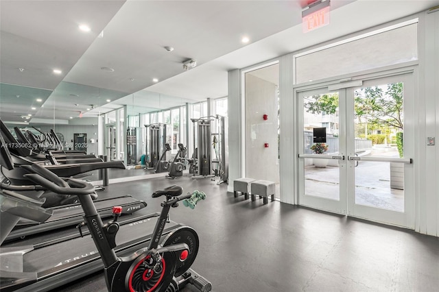 workout area featuring french doors