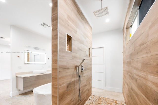 1498 NE 39th St, Oakland Park, FL 33334 - full bathroom with a walk in shower, vanity, tile patterned floors, baseboards, and recessed lighting