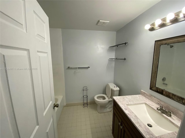 full bathroom with vanity, tile patterned flooring,  shower combination, and toilet