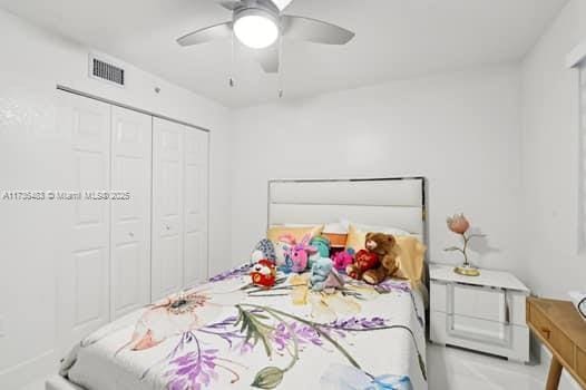 bedroom with ceiling fan and a closet