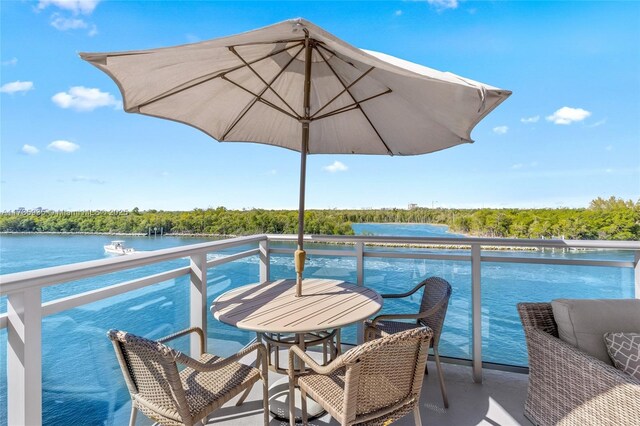 view of dock featuring a water view and a balcony