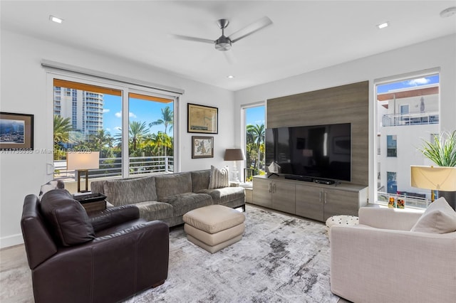 living room featuring ceiling fan