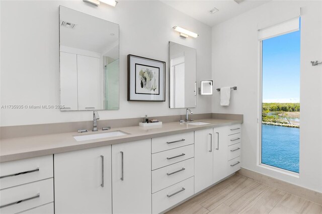 bathroom with vanity and hardwood / wood-style floors