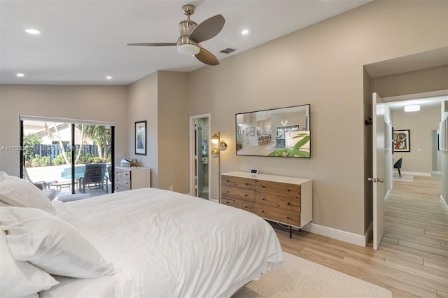 bedroom with vaulted ceiling, ceiling fan, access to exterior, and light hardwood / wood-style floors