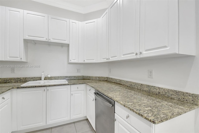 kitchen featuring white cabinetry, dishwasher, sink, and light stone counters