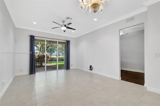 unfurnished room featuring light tile patterned floors, crown molding, and ceiling fan with notable chandelier