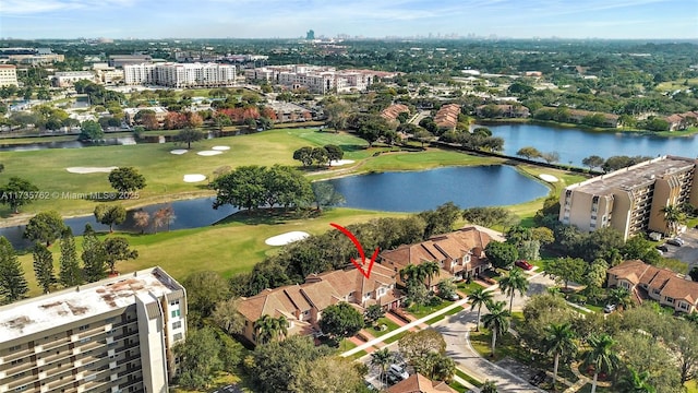 bird's eye view with a water view