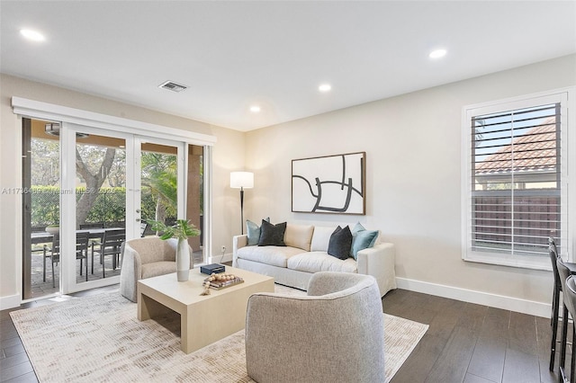 living room with french doors and wood-type flooring