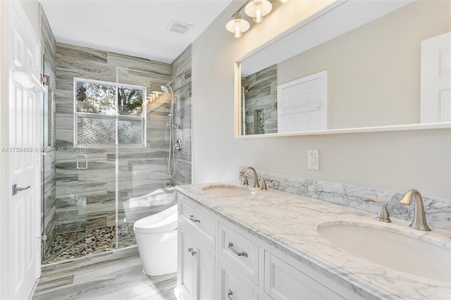 bathroom with vanity, an enclosed shower, and toilet