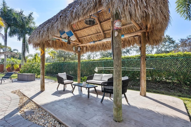 view of patio / terrace featuring a gazebo and an outdoor hangout area