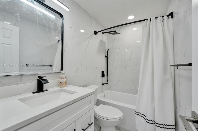 full bathroom featuring vanity, toilet, shower / tub combo, and tile walls