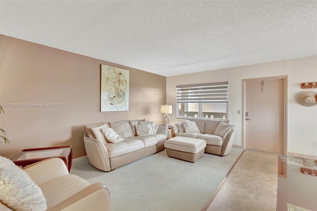 tiled living room with a textured ceiling