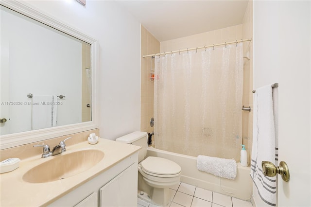 full bathroom featuring shower / bath combination with curtain, vanity, toilet, and tile patterned flooring