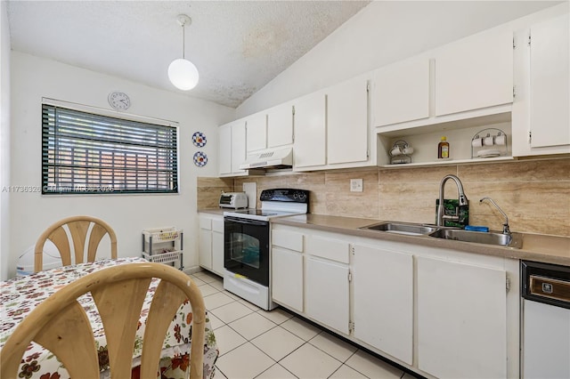 kitchen with sink, hanging light fixtures, electric range oven, dishwasher, and white cabinets