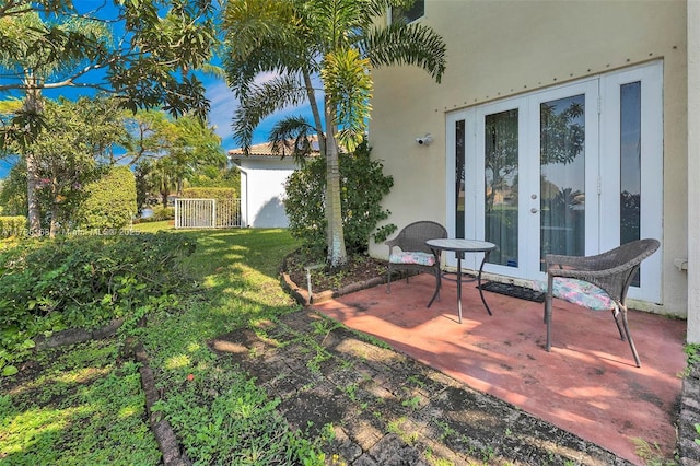 view of yard with french doors and a patio area