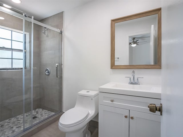 bathroom with vanity, a shower with shower door, and toilet