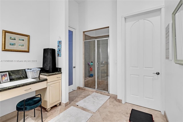 bathroom featuring vanity and a shower with door