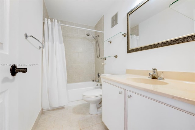 full bathroom with shower / bathtub combination with curtain, vanity, toilet, and tile patterned flooring