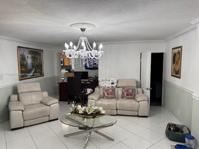 living room with crown molding, light tile patterned flooring, an inviting chandelier, and a textured ceiling