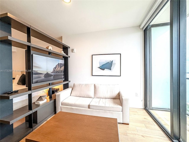 living room with expansive windows and light hardwood / wood-style flooring