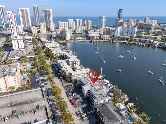 drone / aerial view with a water view and a city view