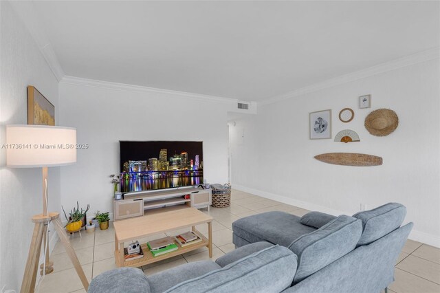 tiled living room featuring crown molding