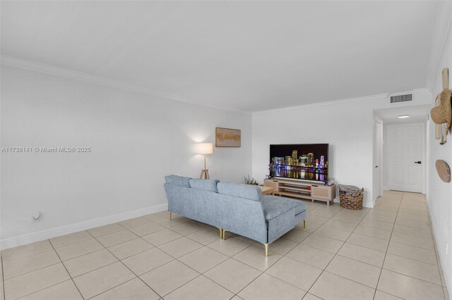 tiled living room with ornamental molding