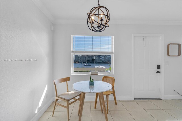 living room featuring crown molding and light tile patterned flooring